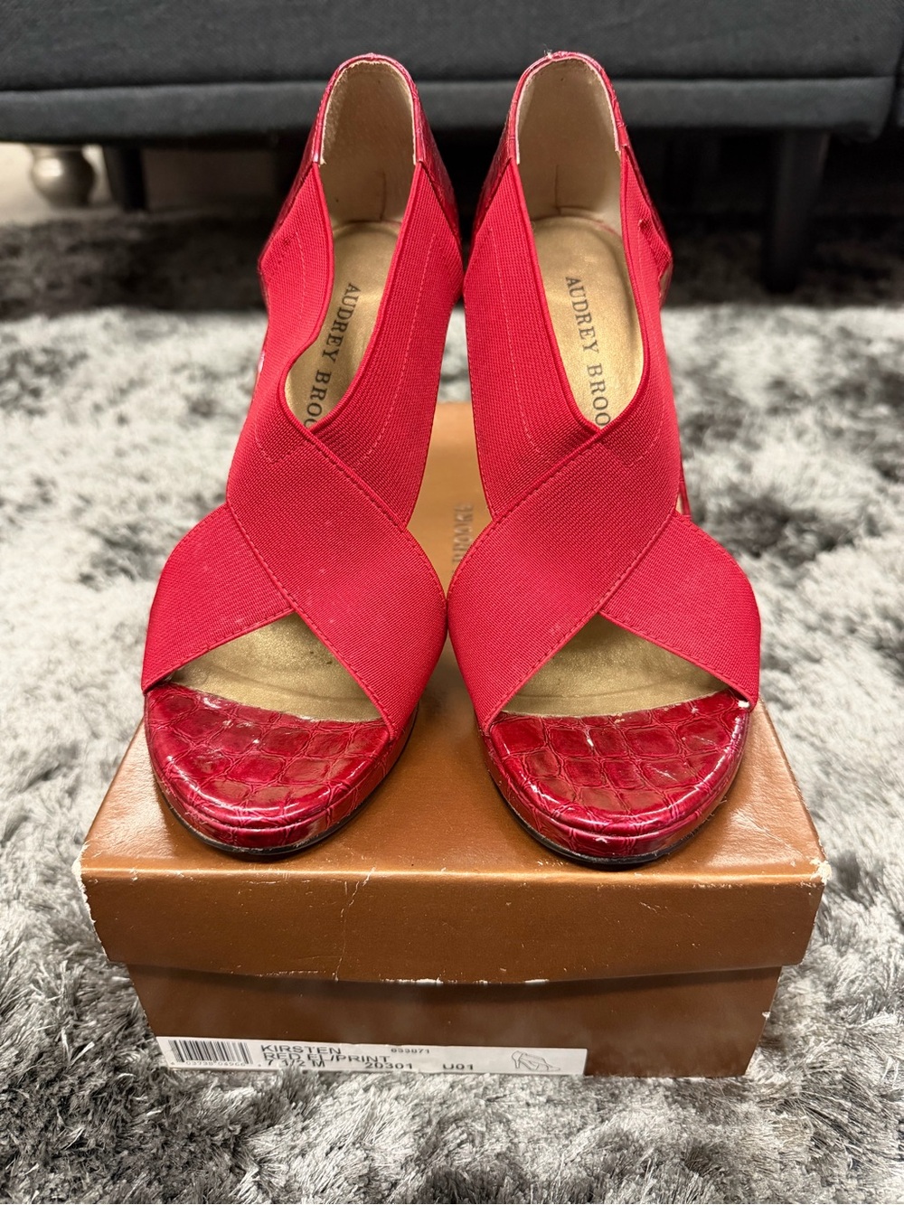 Audrey Brooke Red Crisscross Peep-Toe Wedges